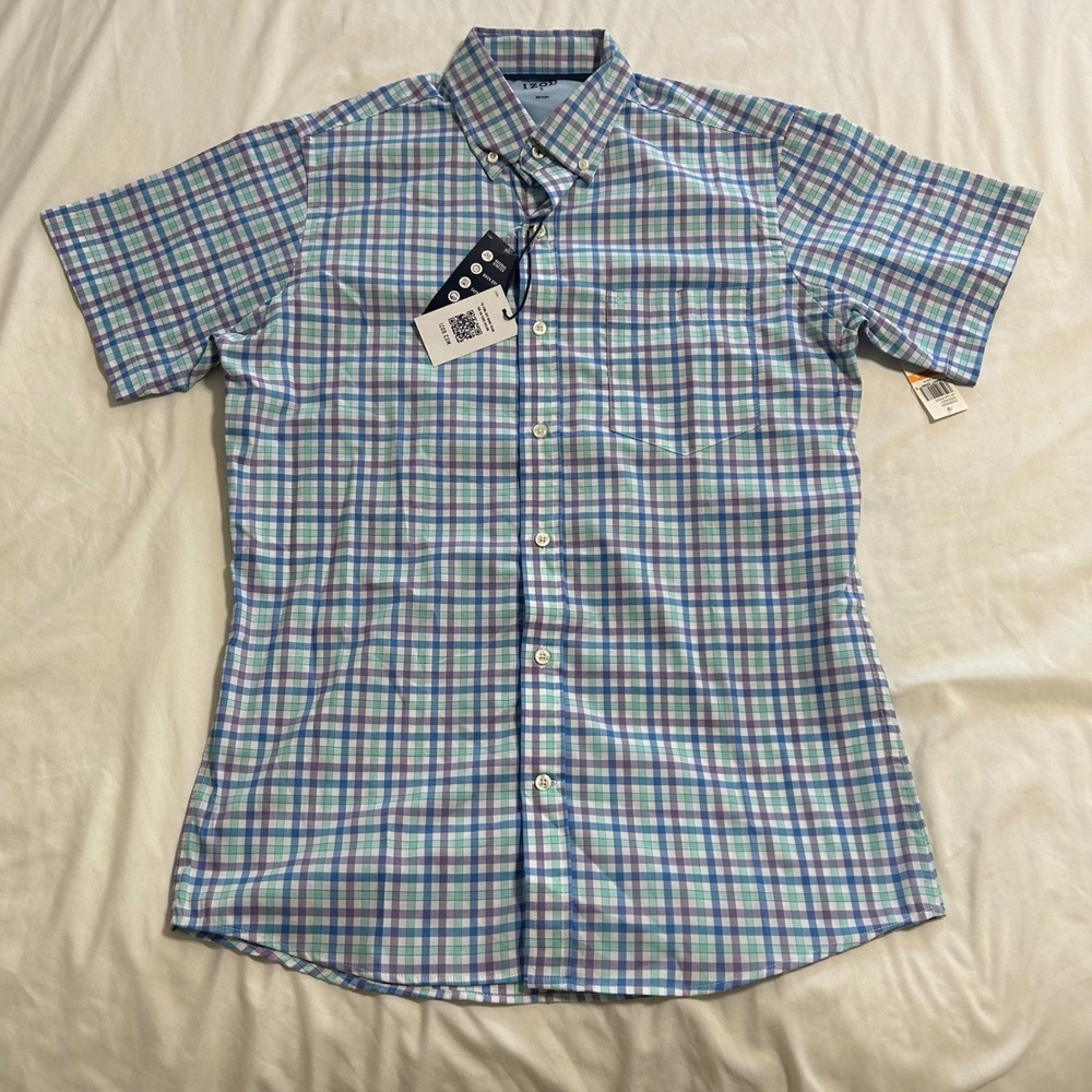 IZOD Mens Short Sleeve Plaid Button Down Shirt Ice Green Blue Purple Small NEW